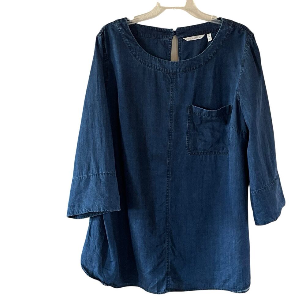 SOFT SURROUNDINGS Size 1X Blue Denim Tencel Dark Wash 3/4 Sleeve Tunic Top Women